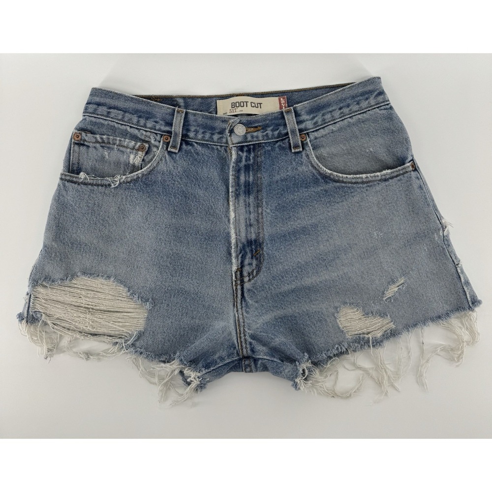 Levi's 517 Women's High Rise‎ Cut Off Blue Denim Shorts Distressed Size 32W